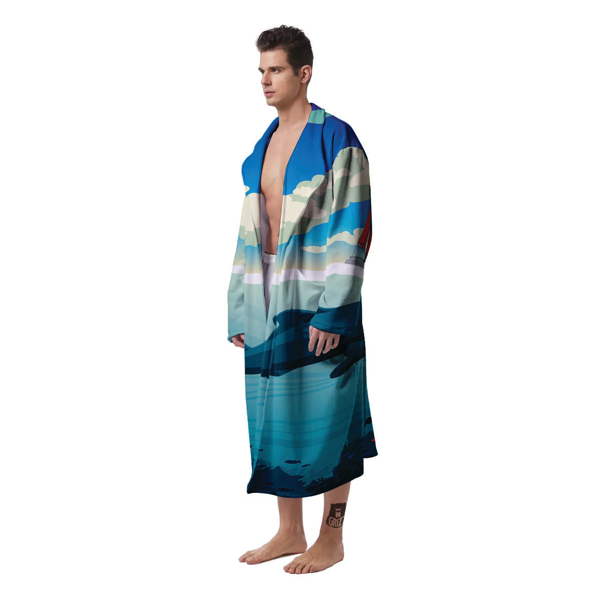 Blue Whale In Deep Sea Print Men's Robe-grizzshop