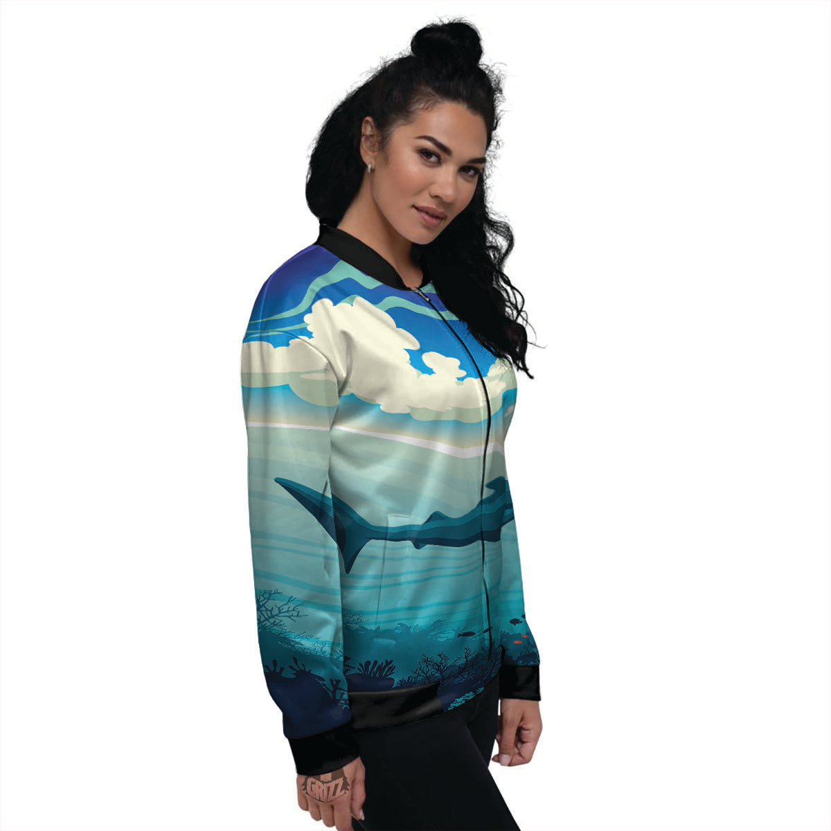 Blue Whale In Deep Sea Print Women's Bomber Jacket-grizzshop