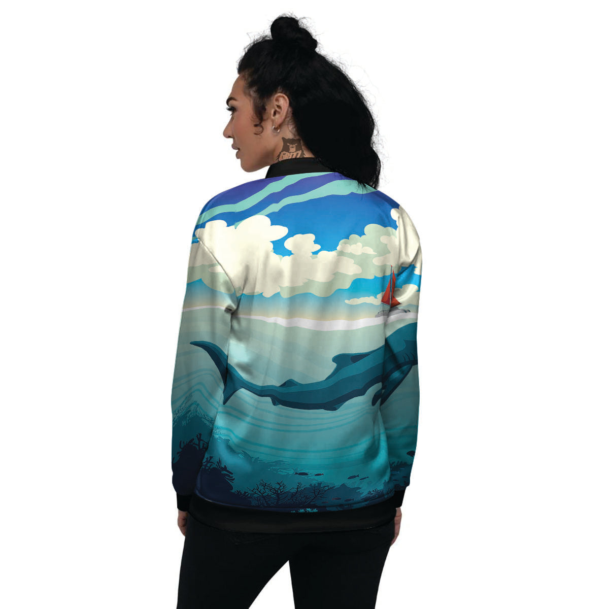 Blue Whale In Deep Sea Print Women's Bomber Jacket-grizzshop
