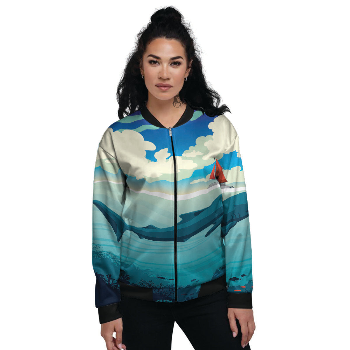 Blue Whale In Deep Sea Print Women's Bomber Jacket-grizzshop