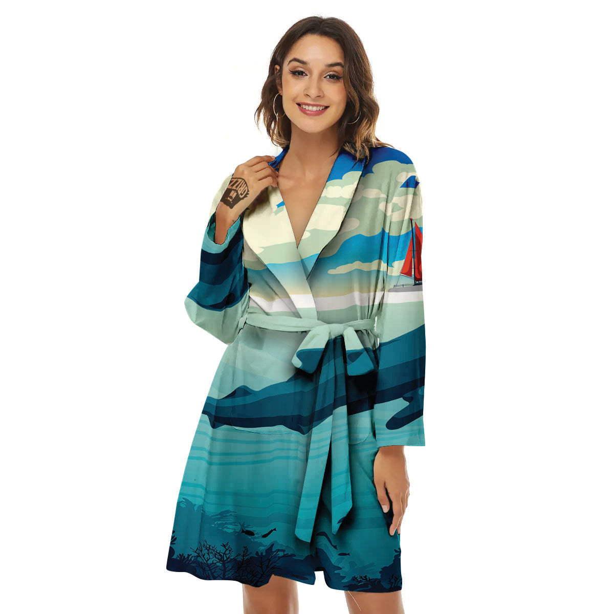Blue Whale In Deep Sea Print Women's Robe-grizzshop