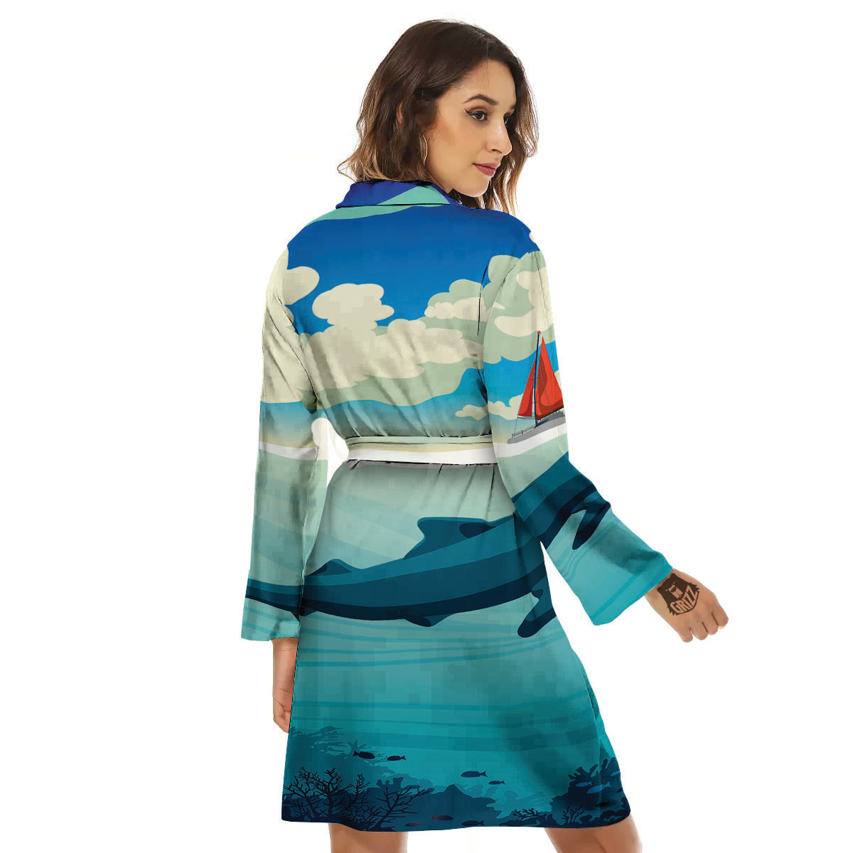 Blue Whale In Deep Sea Print Women's Robe-grizzshop