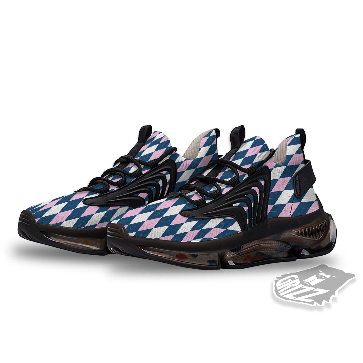 Blue White And Pink Argyle Print Pattern Black Gym Shoes-grizzshop