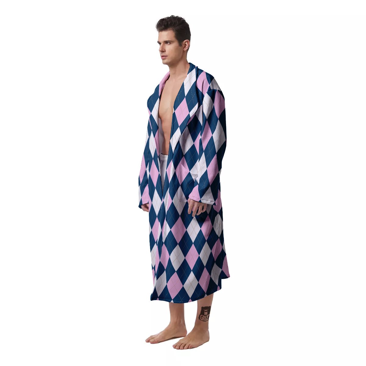 Blue White And Pink Argyle Print Pattern Men's Robe-grizzshop