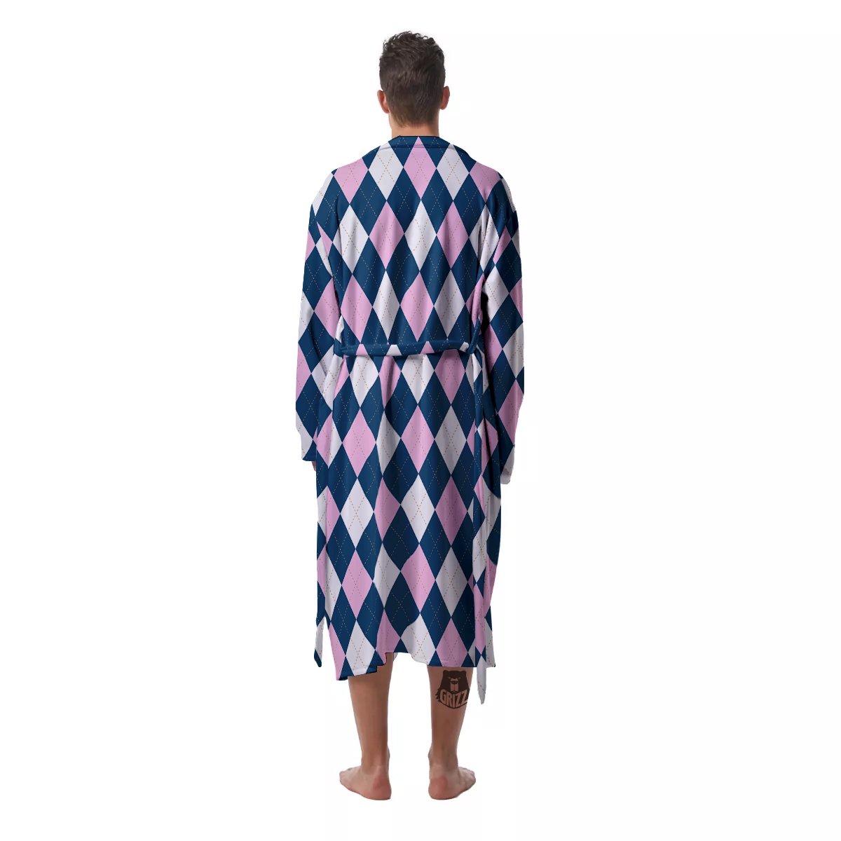 Blue White And Pink Argyle Print Pattern Men's Robe-grizzshop