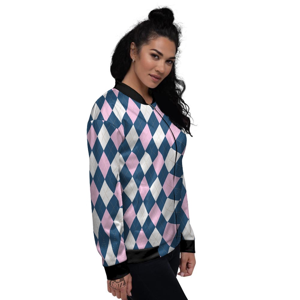 Blue White And Pink Argyle Print Pattern Women's Bomber Jacket-grizzshop