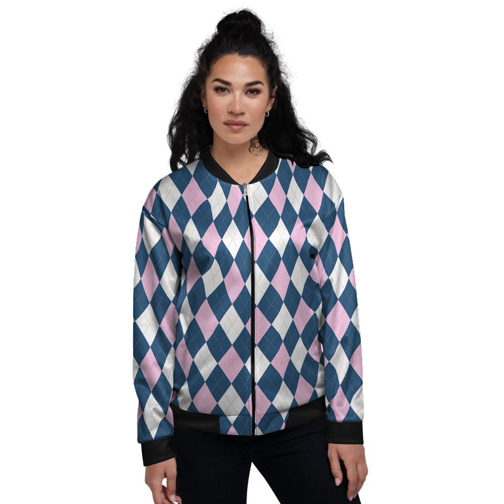 Blue White And Pink Argyle Print Pattern Women's Bomber Jacket-grizzshop