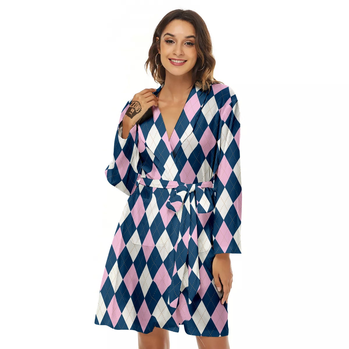 Blue White And Pink Argyle Print Pattern Women's Robe-grizzshop