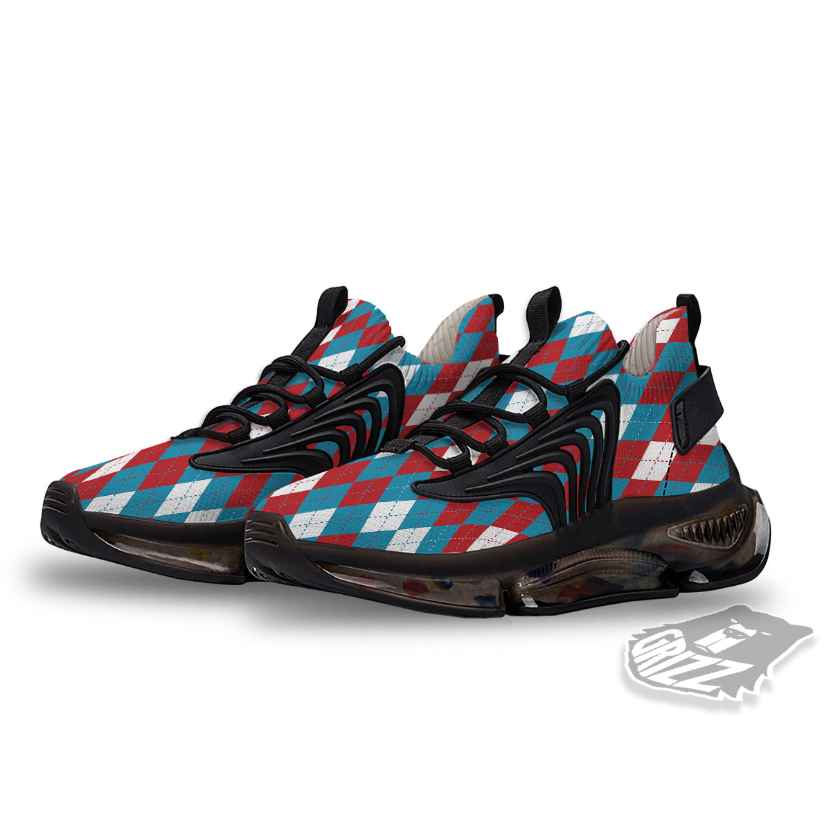 Blue White And Red Argyle Print Pattern Black Gym Shoes-grizzshop