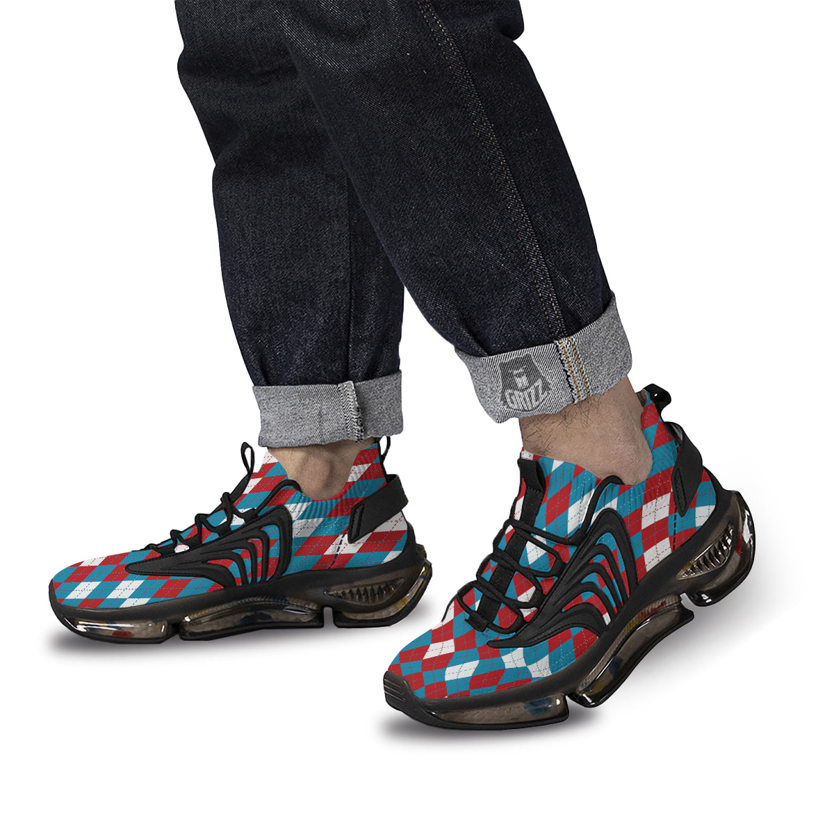 Blue White And Red Argyle Print Pattern Black Gym Shoes-grizzshop