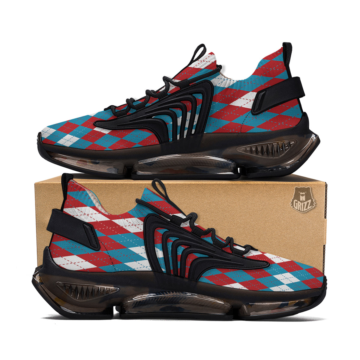 Blue White And Red Argyle Print Pattern Black Gym Shoes-grizzshop