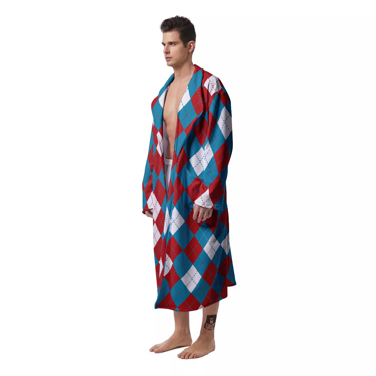 Blue White And Red Argyle Print Pattern Men's Robe-grizzshop