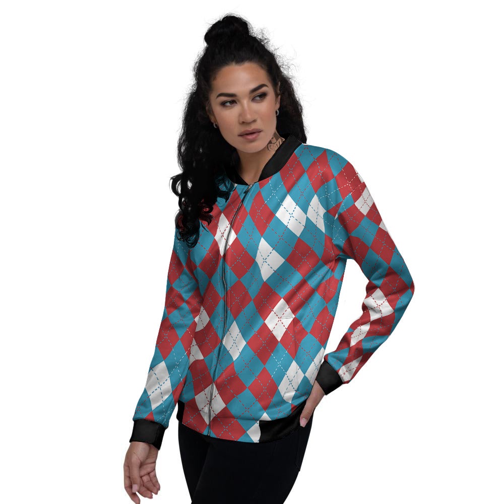 Blue White And Red Argyle Print Pattern Women's Bomber Jacket-grizzshop
