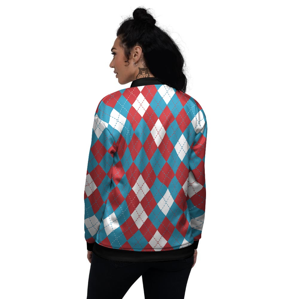 Blue White And Red Argyle Print Pattern Women's Bomber Jacket-grizzshop
