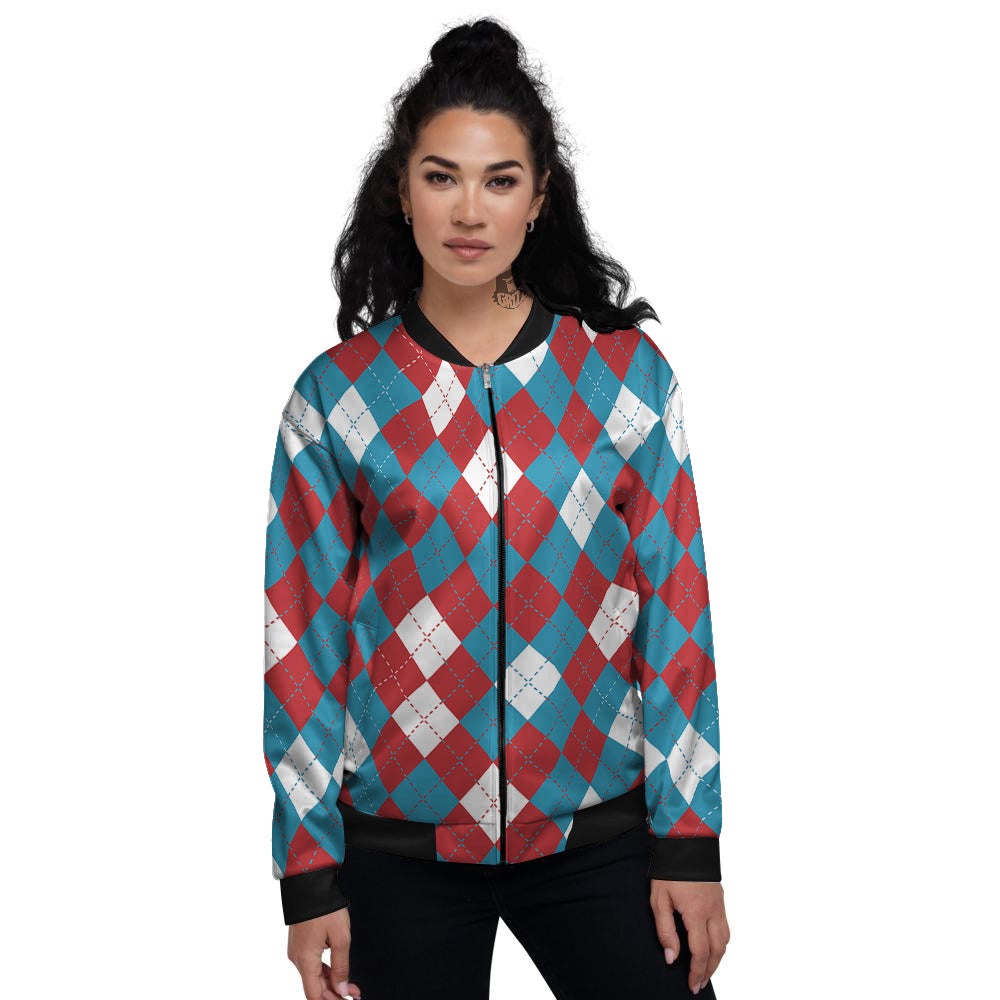 Blue White And Red Argyle Print Pattern Women's Bomber Jacket-grizzshop