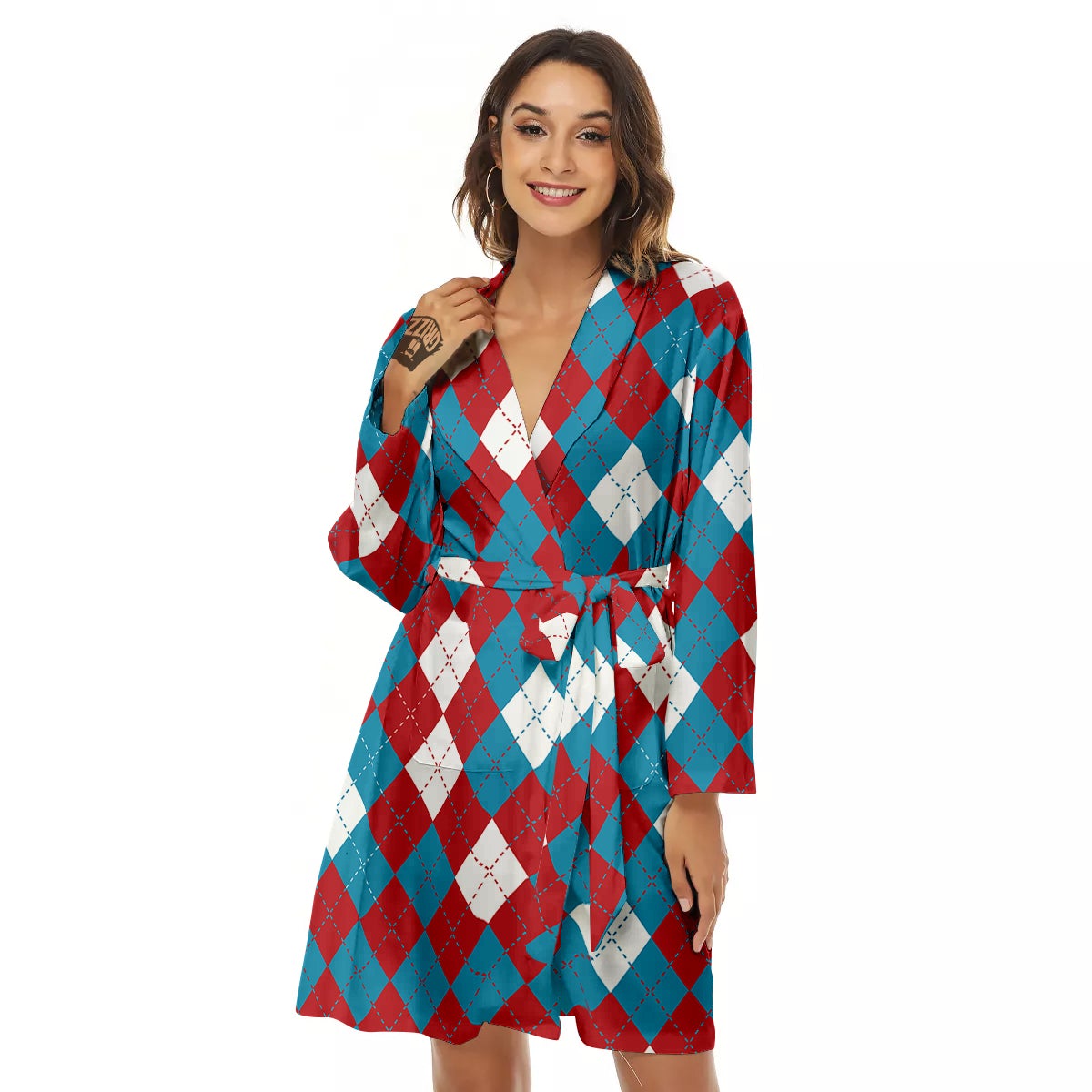Blue White And Red Argyle Print Pattern Women's Robe-grizzshop