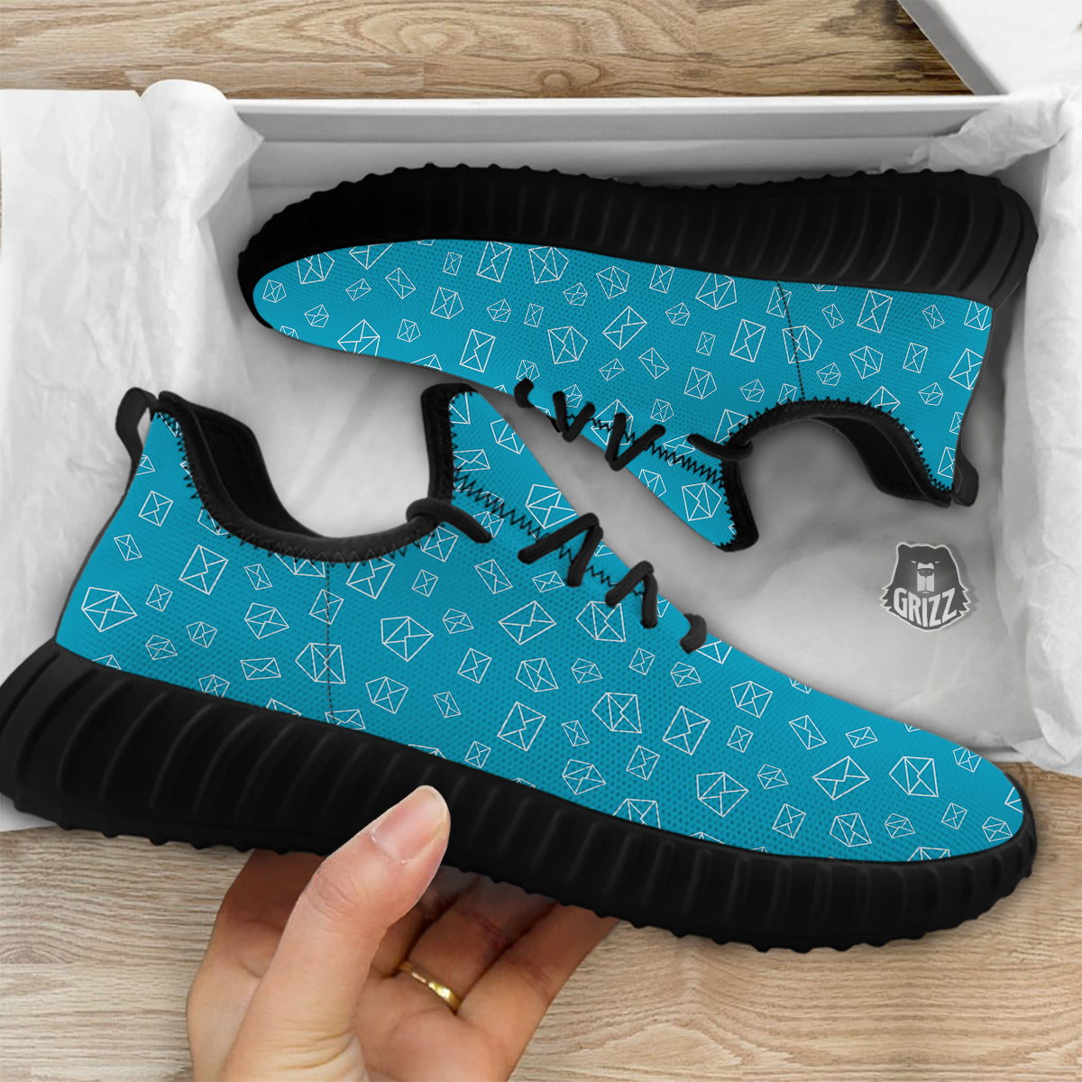 Blue White Mail Print Pattern Black Walking Shoes-grizzshop