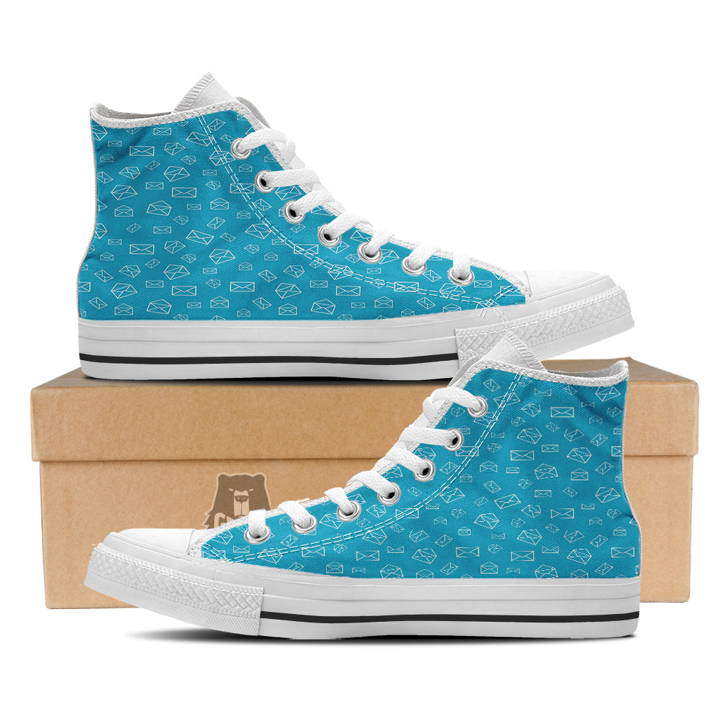 Blue White Mail Print Pattern White High Top Shoes-grizzshop