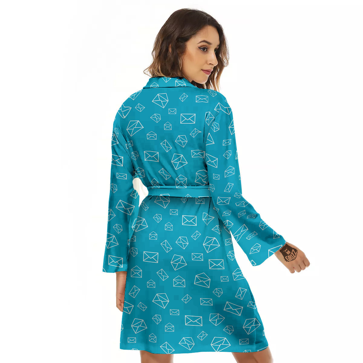 Blue White Mail Print Pattern Women's Robe-grizzshop