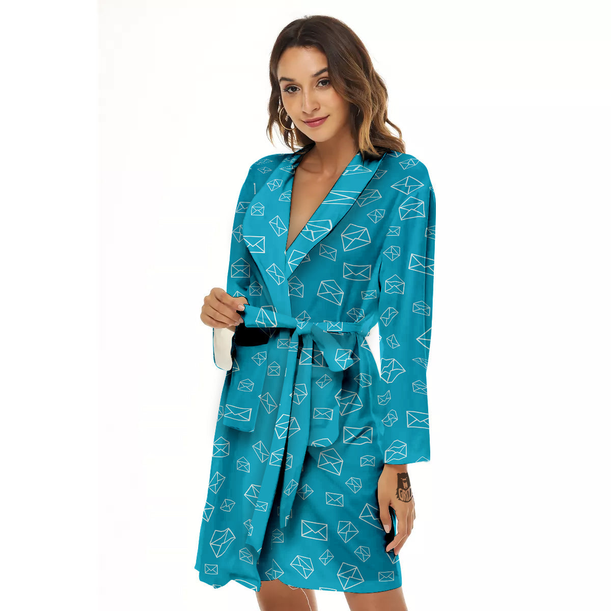 Blue White Mail Print Pattern Women's Robe-grizzshop