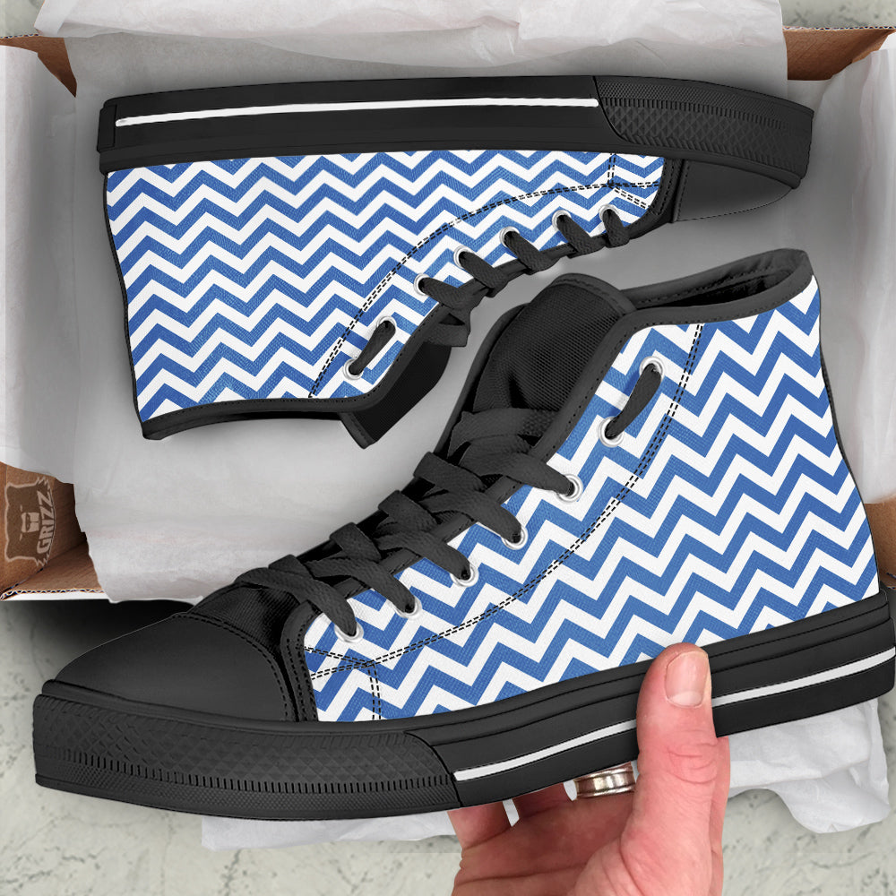 Blue Zigzag Print Pattern Black High Top Shoes-grizzshop