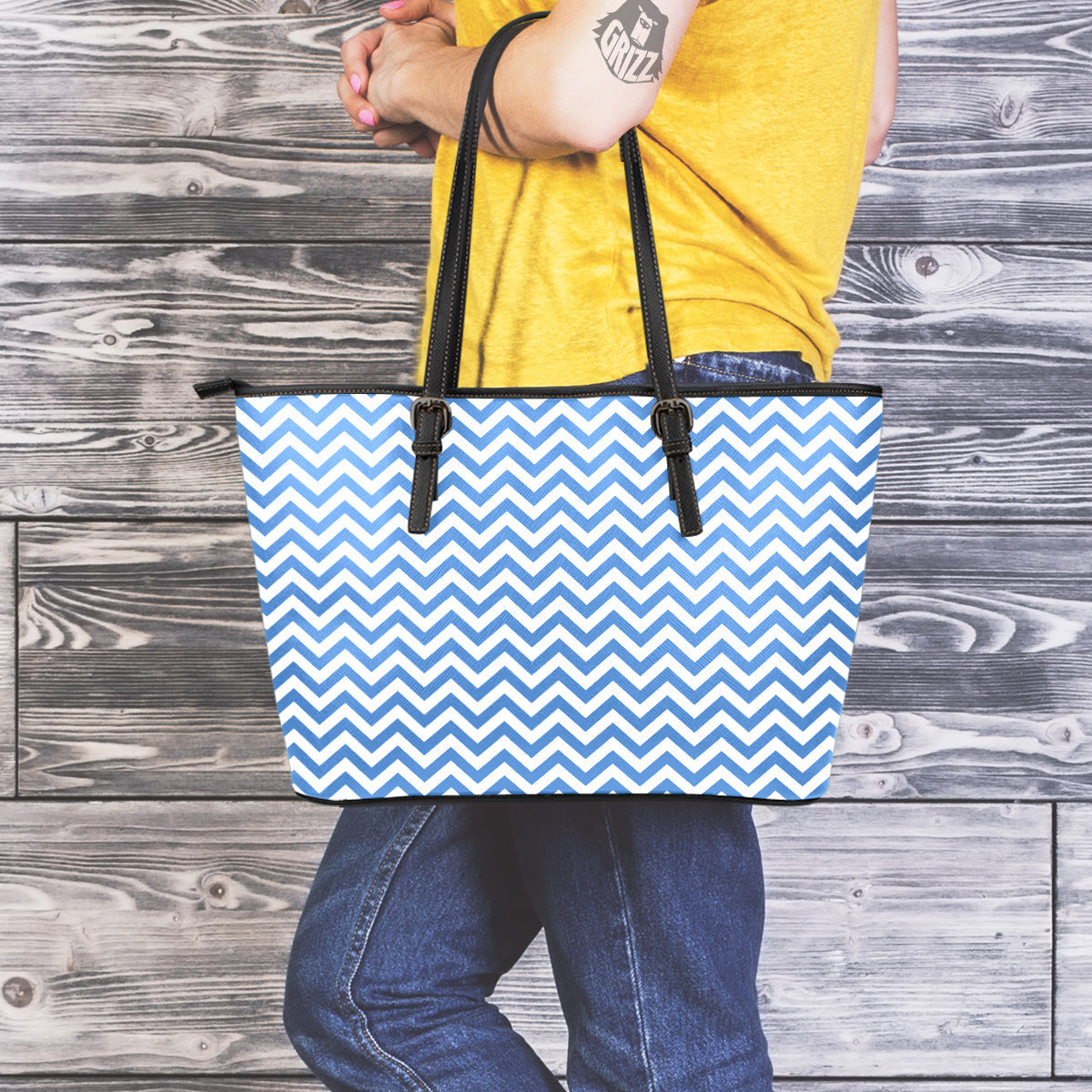 Blue Zigzag Print Pattern Leather Tote Bag-grizzshop