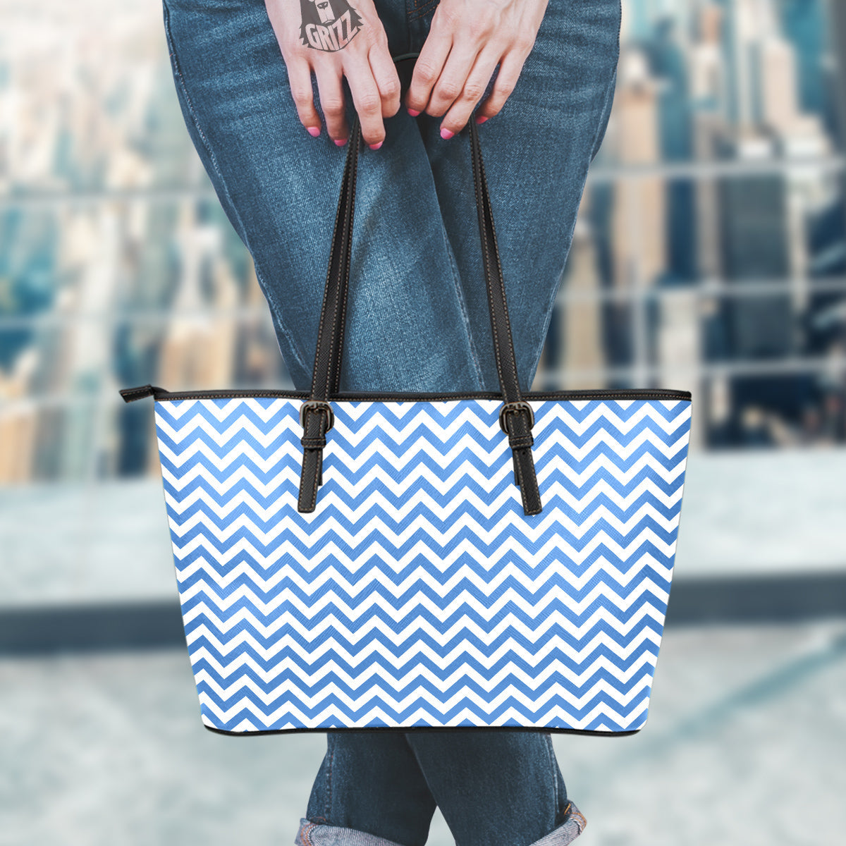 Blue Zigzag Print Pattern Leather Tote Bag-grizzshop