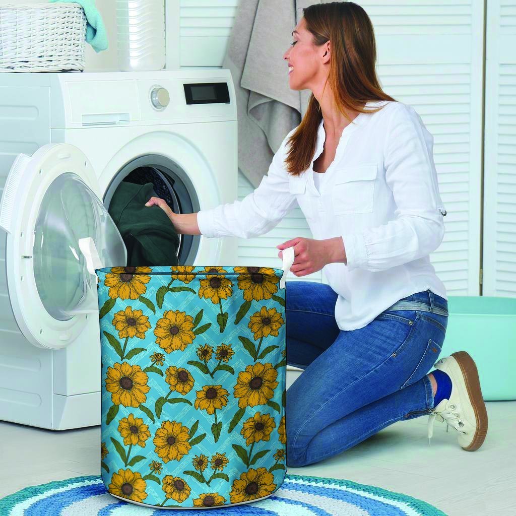Blue Zigzag Sunflower Laundry Basket-grizzshop