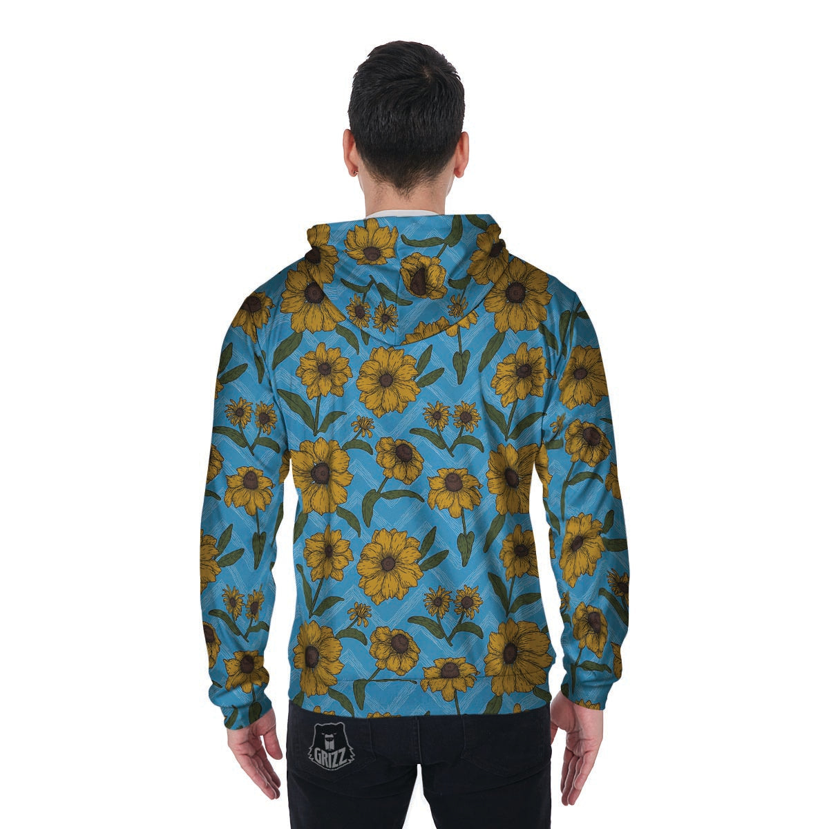 Blue Zigzag Sunflower Men's Zip Up Hoodie-grizzshop