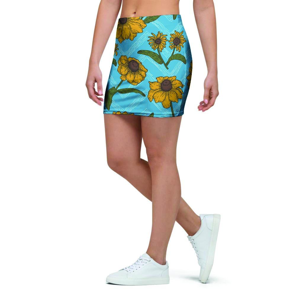 Blue Zigzag Sunflower Mini Skirt-grizzshop