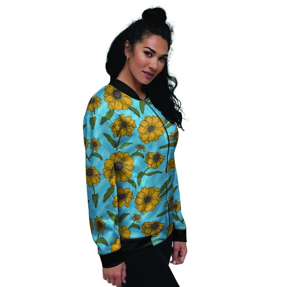 Blue Zigzag Sunflower Women's Bomber Jacket-grizzshop