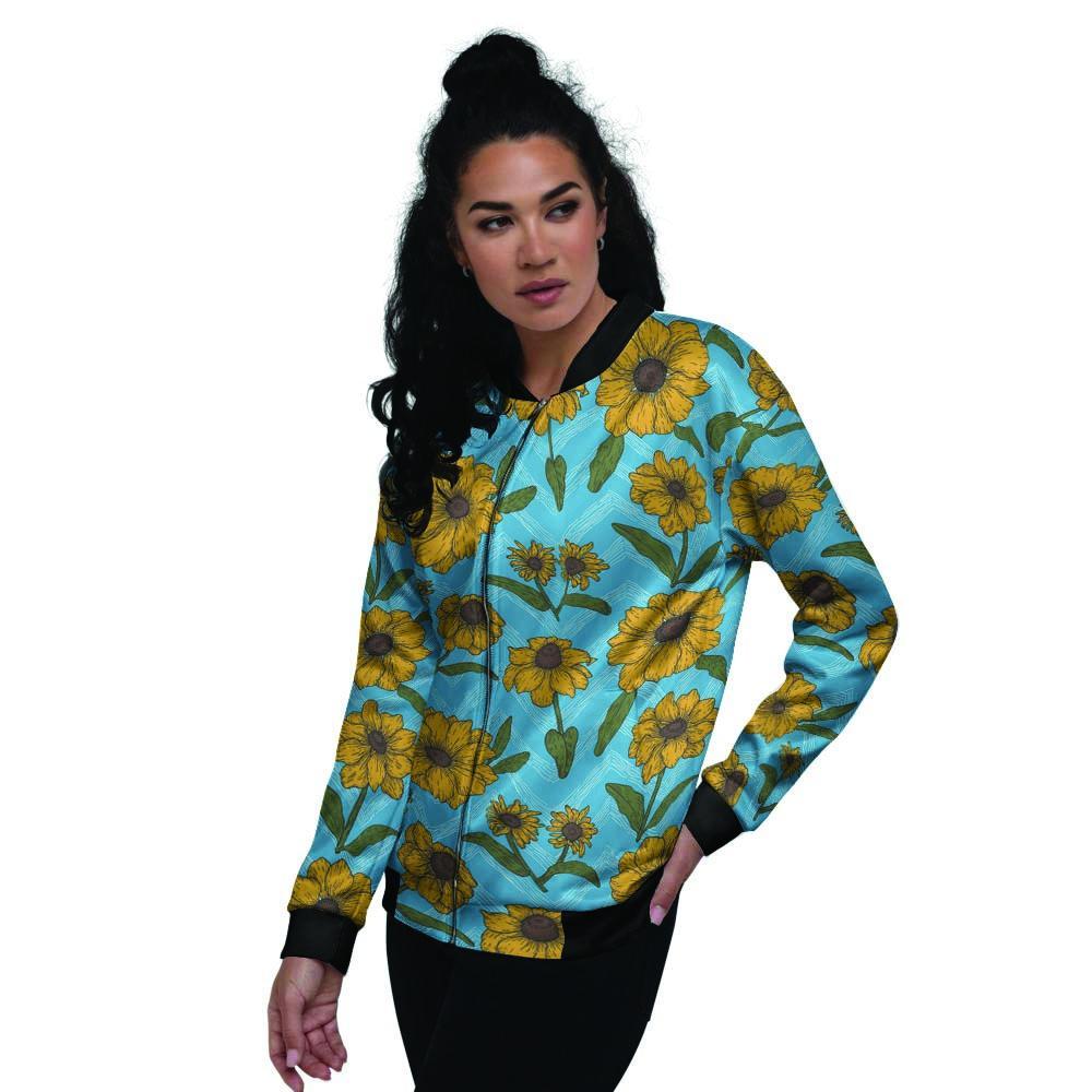 Blue Zigzag Sunflower Women's Bomber Jacket-grizzshop