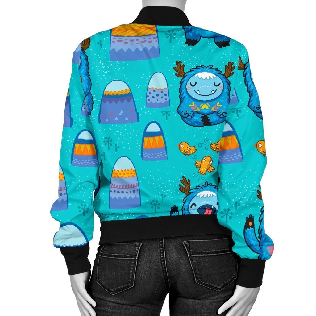 Blue Bigfoot Pattern Print Women Casual Bomber Jacket-grizzshop