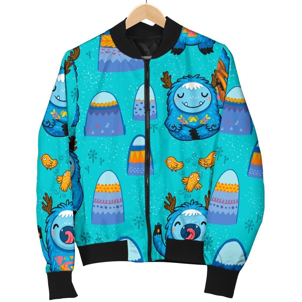 Blue Bigfoot Pattern Print Women Casual Bomber Jacket-grizzshop