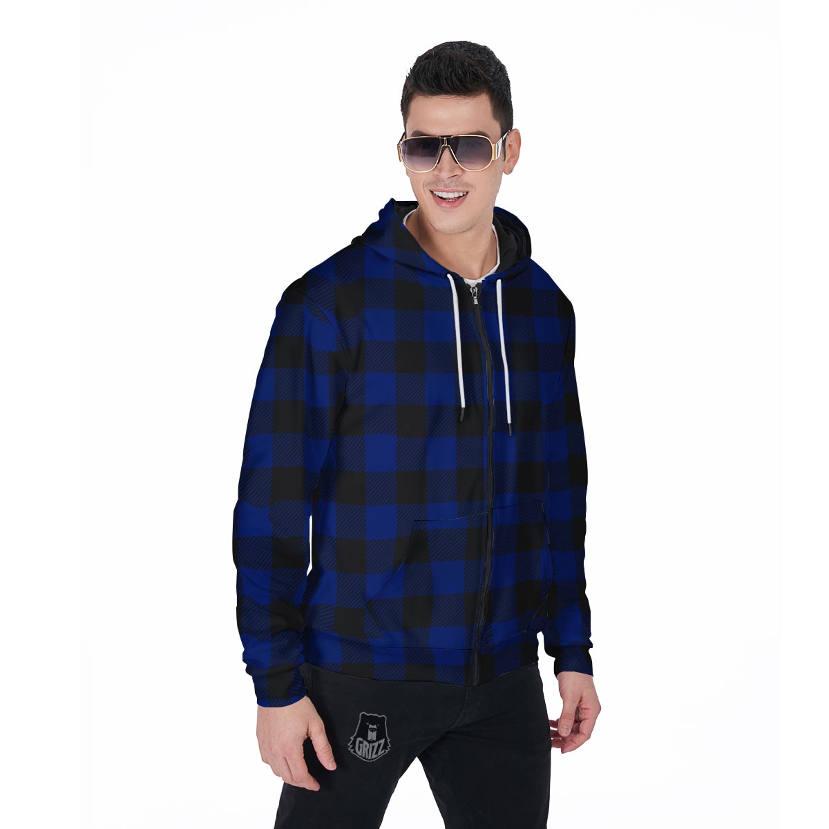Blue Buffalo Plaid Men's Zip Up Hoodie-grizzshop