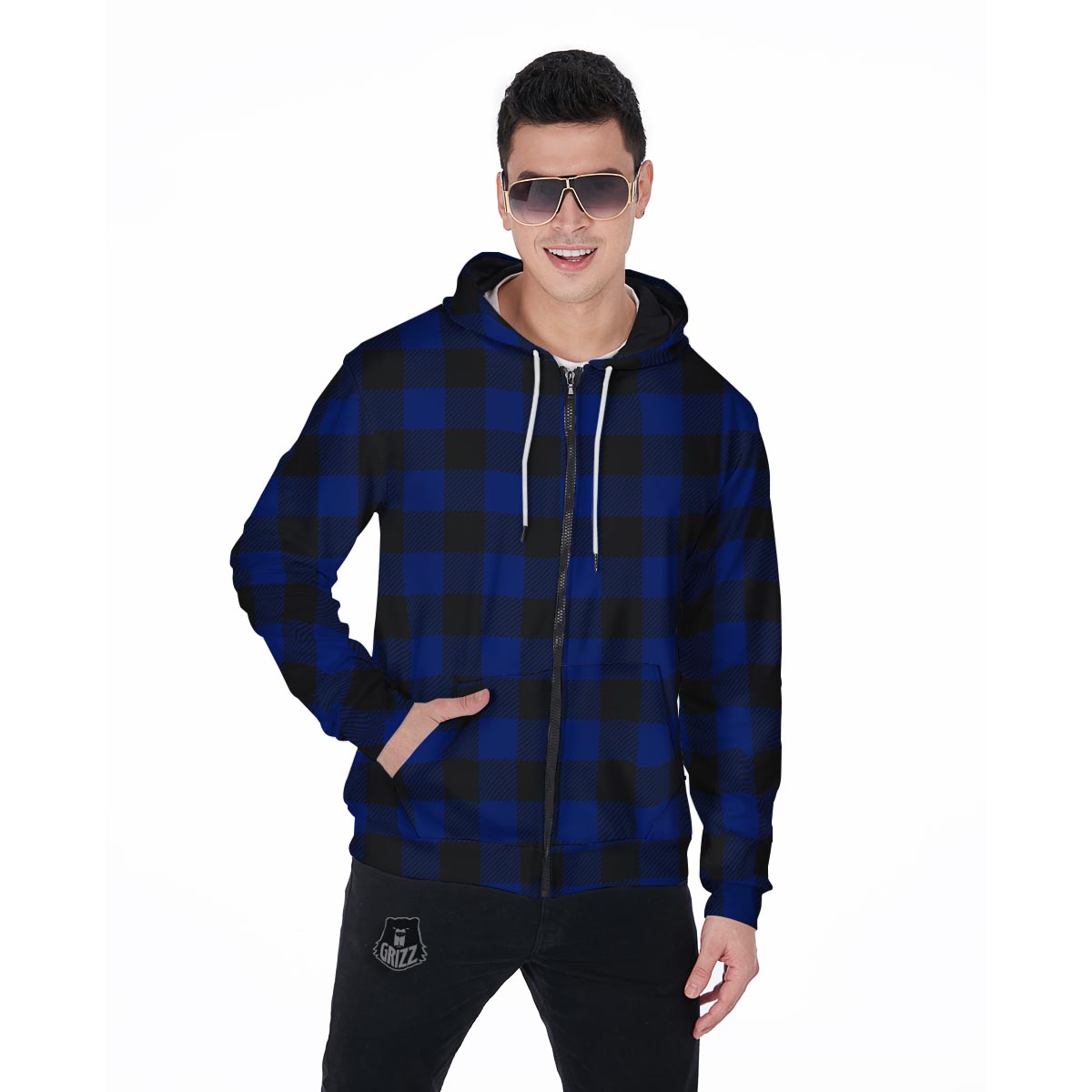 Blue Buffalo Plaid Men's Zip Up Hoodie-grizzshop