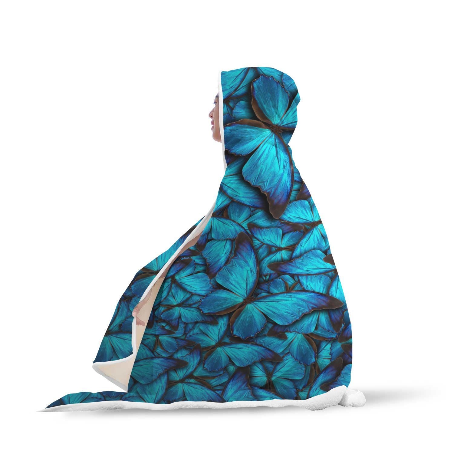 Blue Butterfly Pattern Print Hooded Blanket-grizzshop