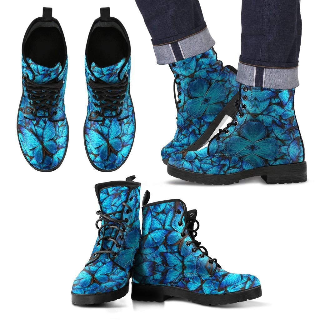 Blue Butterfly Pattern Print Men Women Leather Boots-grizzshop
