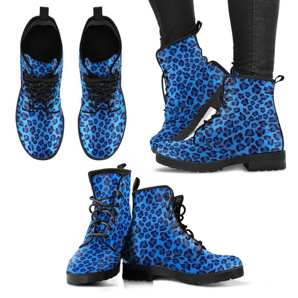 Blue Cheetah Leopard Pattern Print Men Women Leather Boots-grizzshop