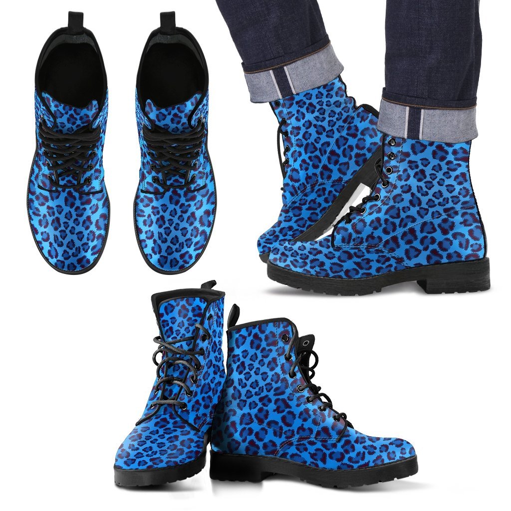 Blue Cheetah Leopard Pattern Print Men Women Leather Boots-grizzshop