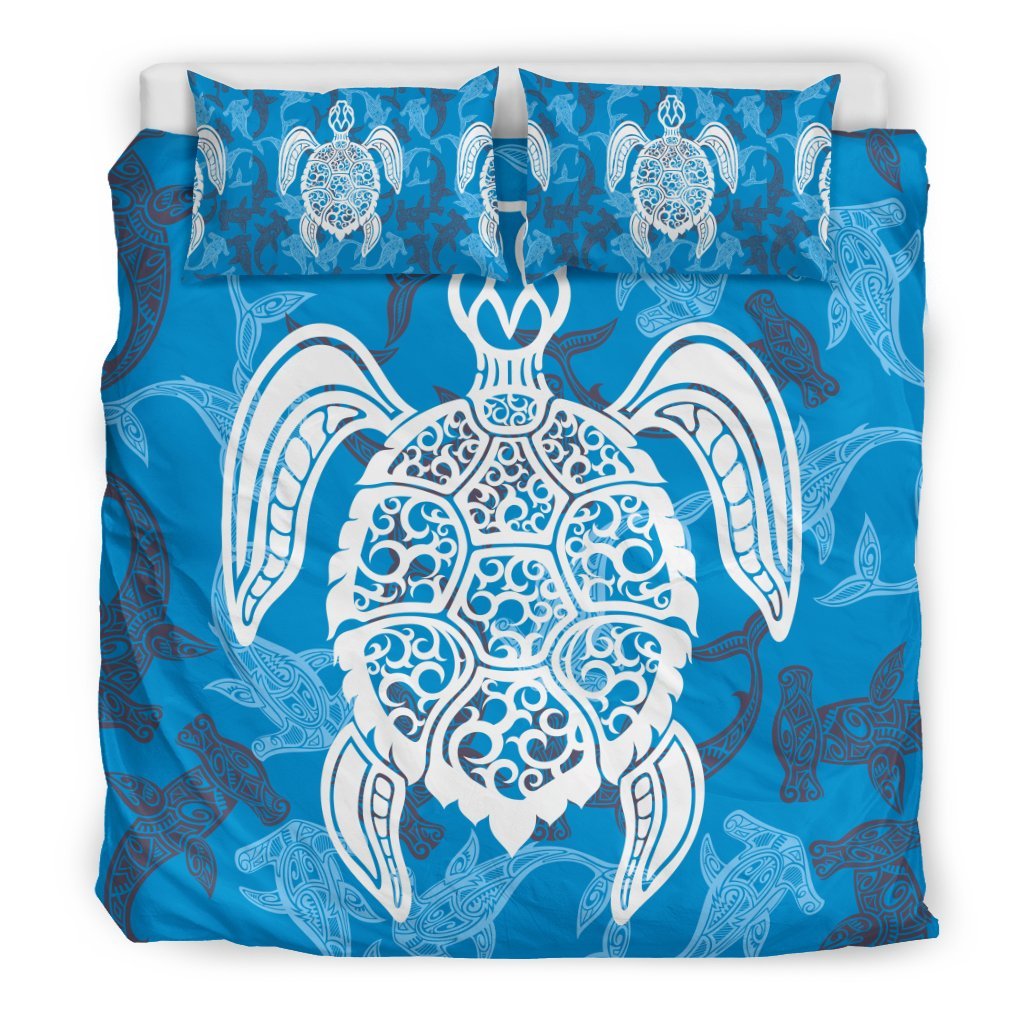 Blue Hawaiian Shark Sea Turtle Pattern Print Duvet Cover Bedding Set-grizzshop
