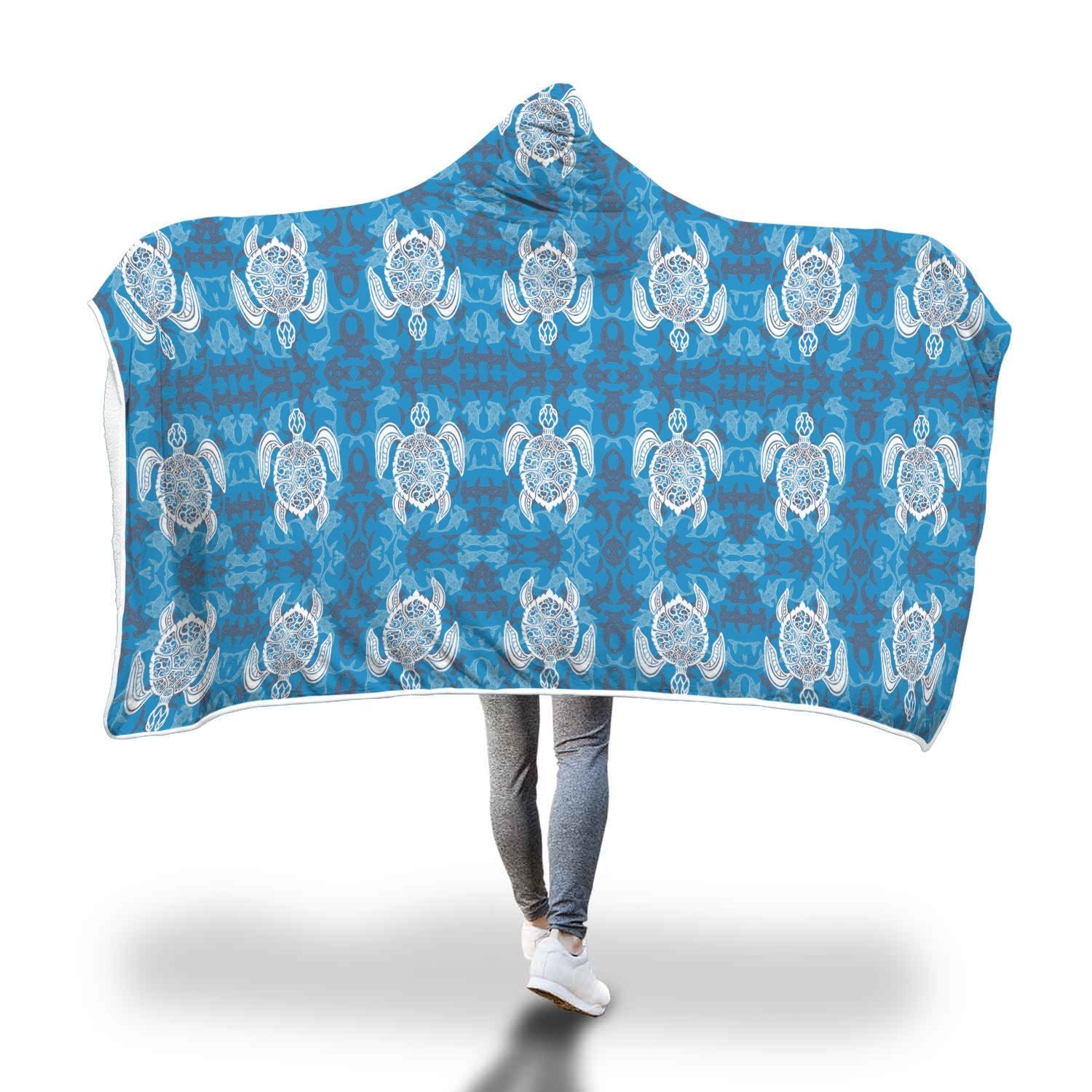 Blue Hawaiian Shark Sea Turtle Pattern Print Hooded Blanket-grizzshop