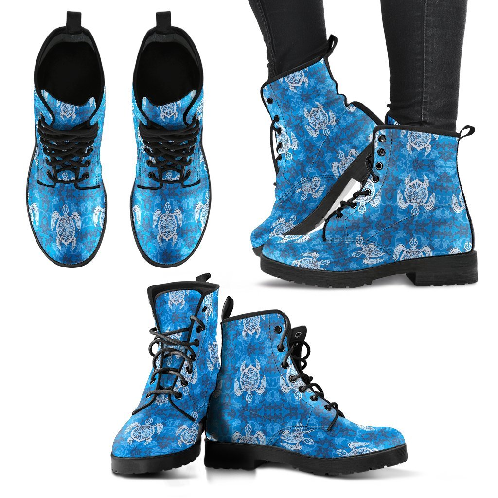 Blue Hawaiian Shark Sea Turtle Pattern Print Men Women Leather Boots-grizzshop