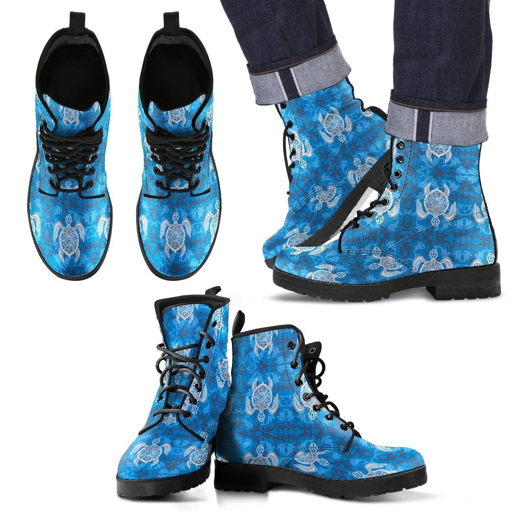 Blue Hawaiian Shark Sea Turtle Pattern Print Men Women Leather Boots-grizzshop