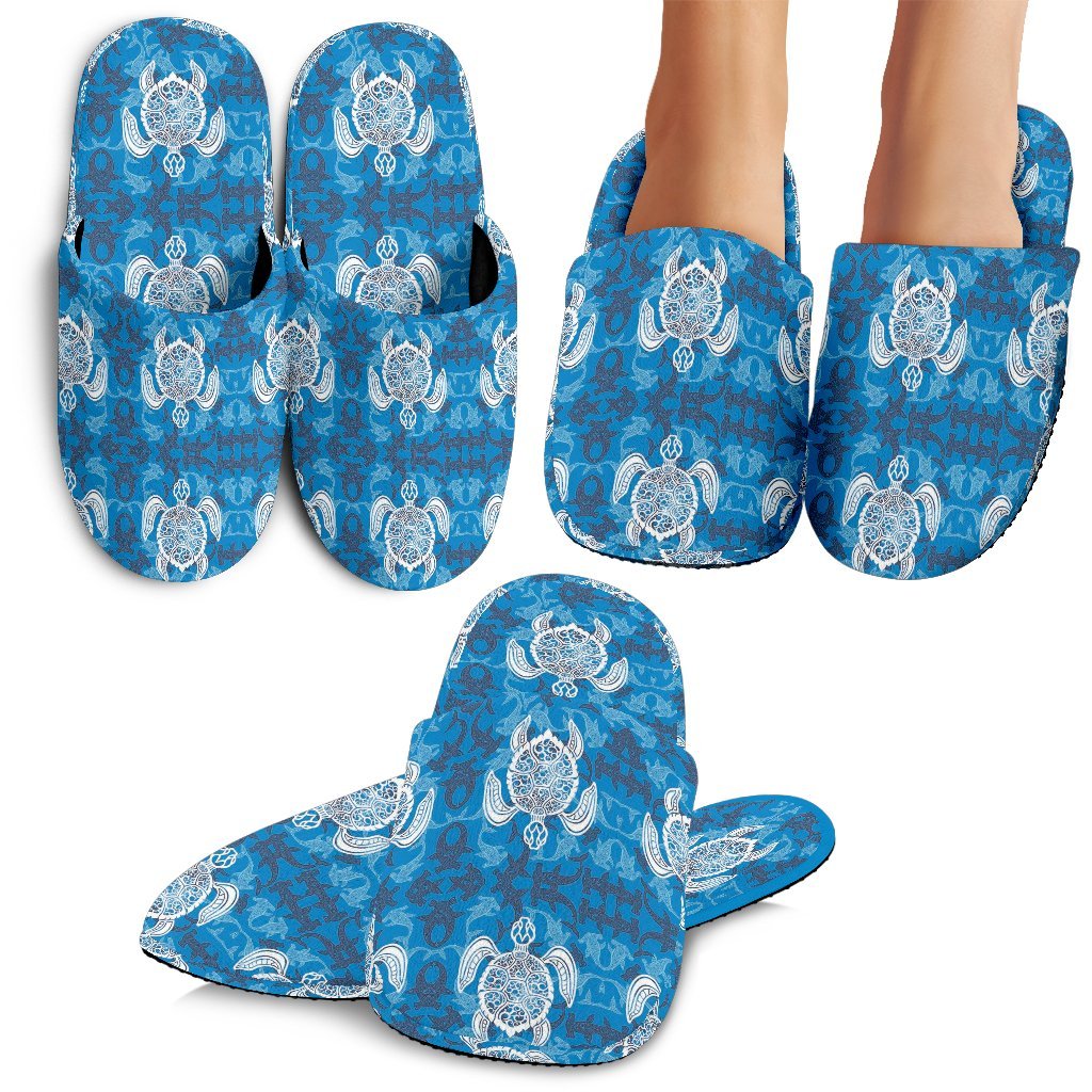 Blue Hawaiian Shark Sea Turtle Pattern Print Premium Home Slippers-grizzshop
