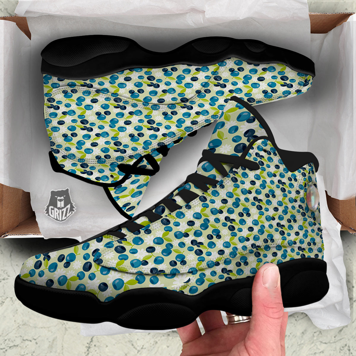 Blueberry And Daisy Print Pattern Black Basketball Shoes-grizzshop