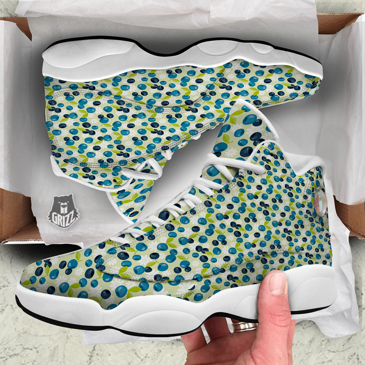 Blueberry And Daisy Print Pattern White Basketball Shoes-grizzshop