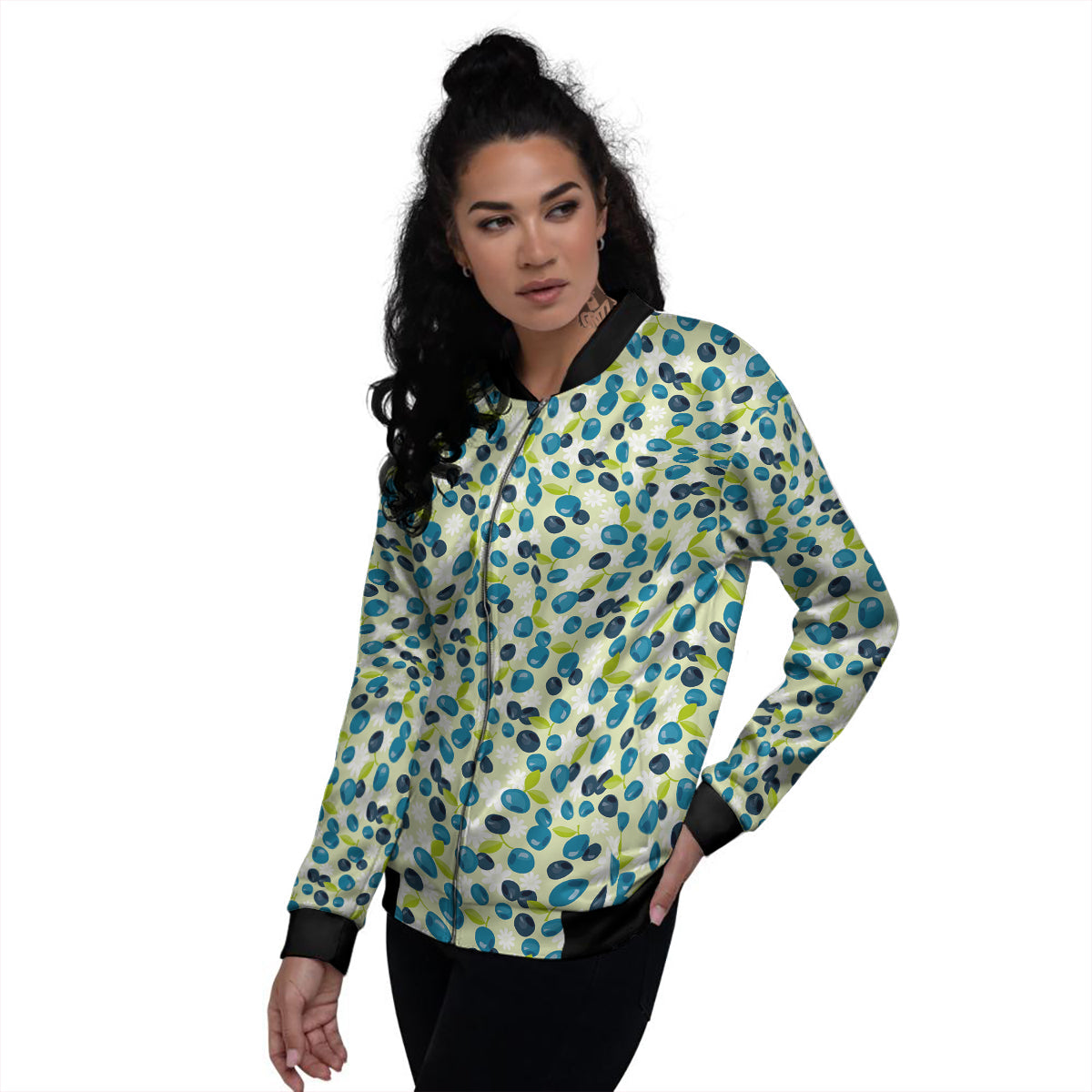 Blueberry And Daisy Print Pattern Women's Bomber Jacket-grizzshop