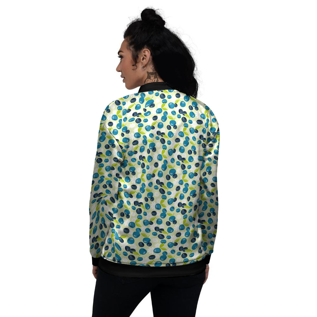 Blueberry And Daisy Print Pattern Women's Bomber Jacket-grizzshop