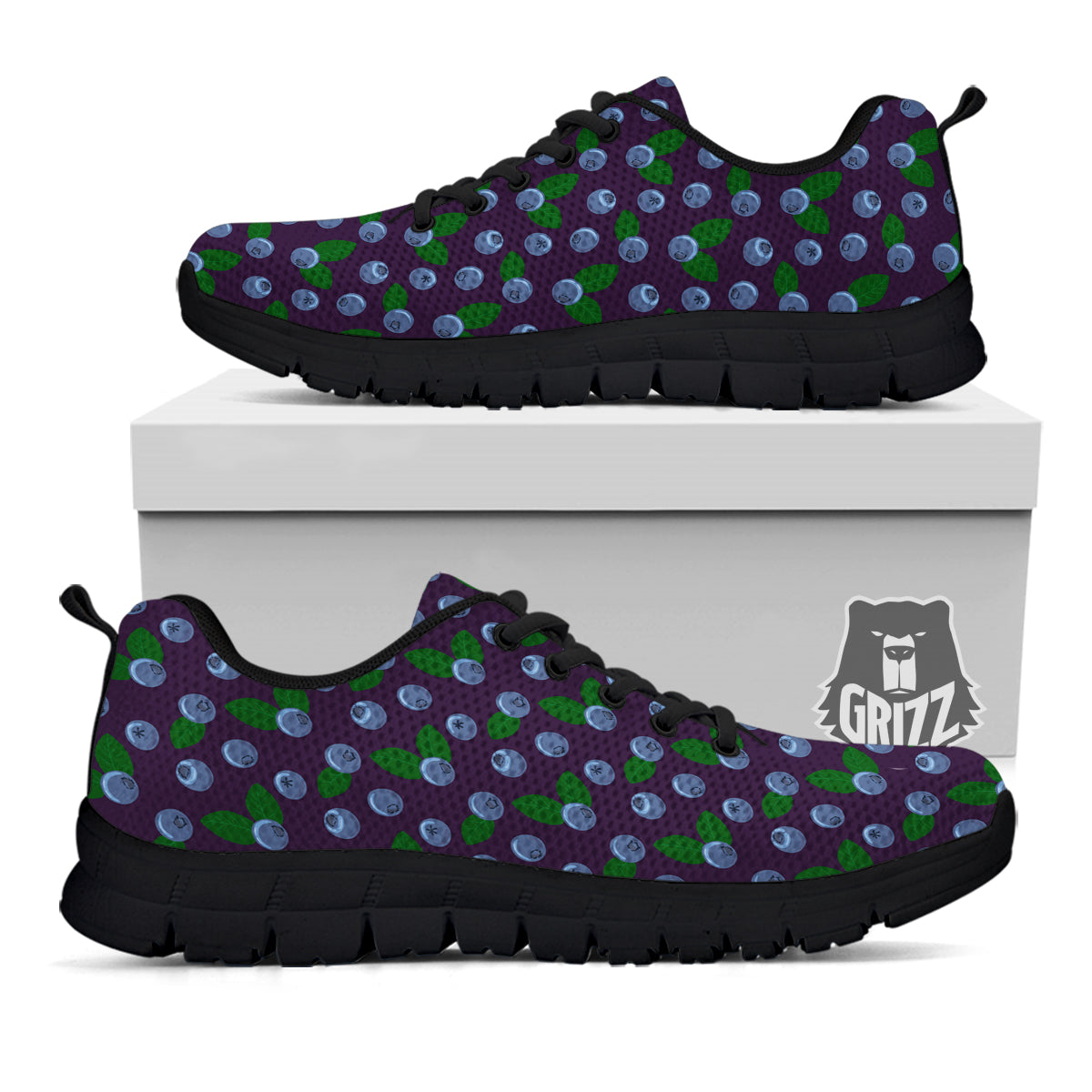 Blueberry And Leaf Print Pattern Black Sneaker-grizzshop